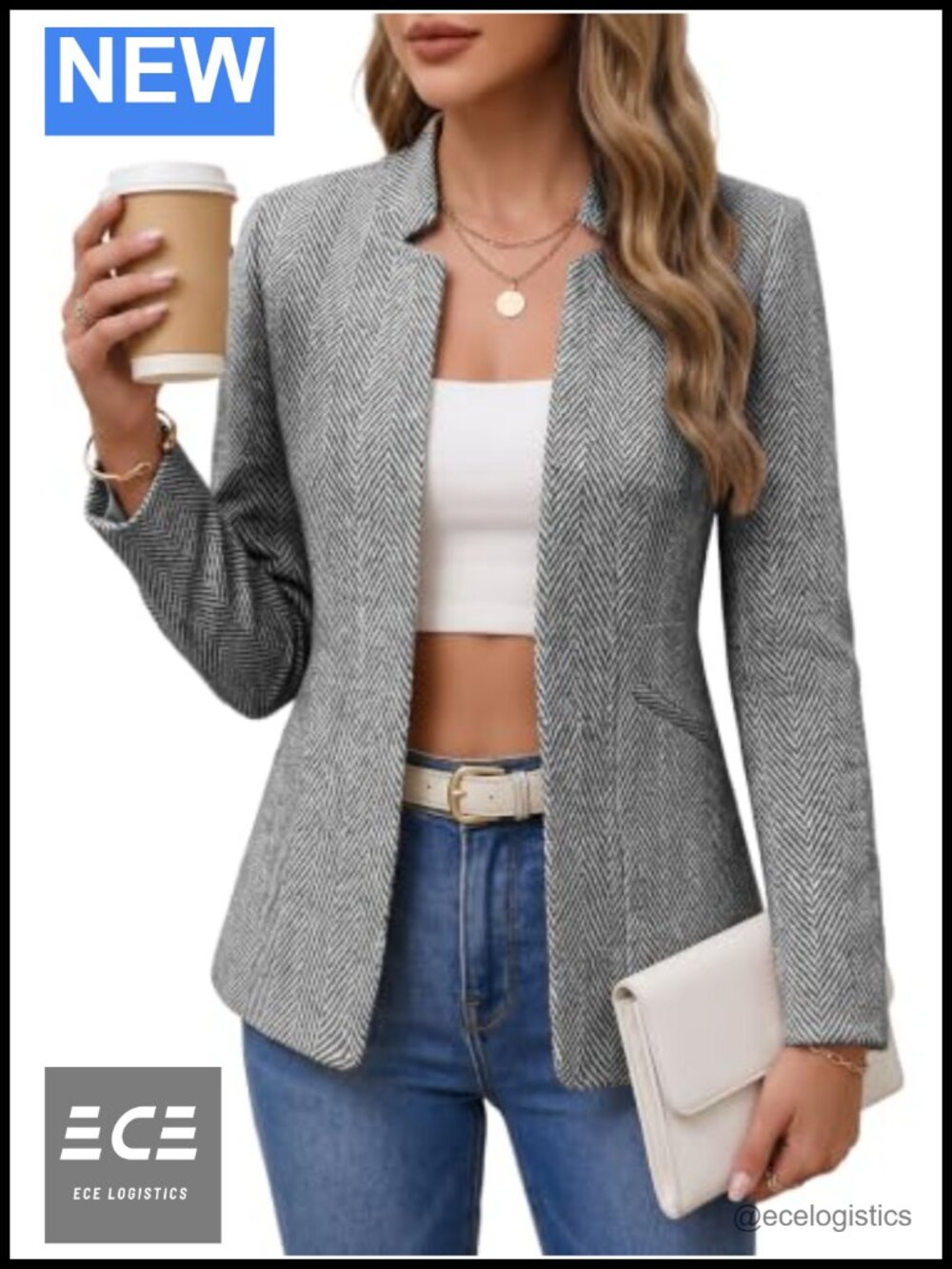 Womens Tweed Blazer Herringbone Business Casual Jacket